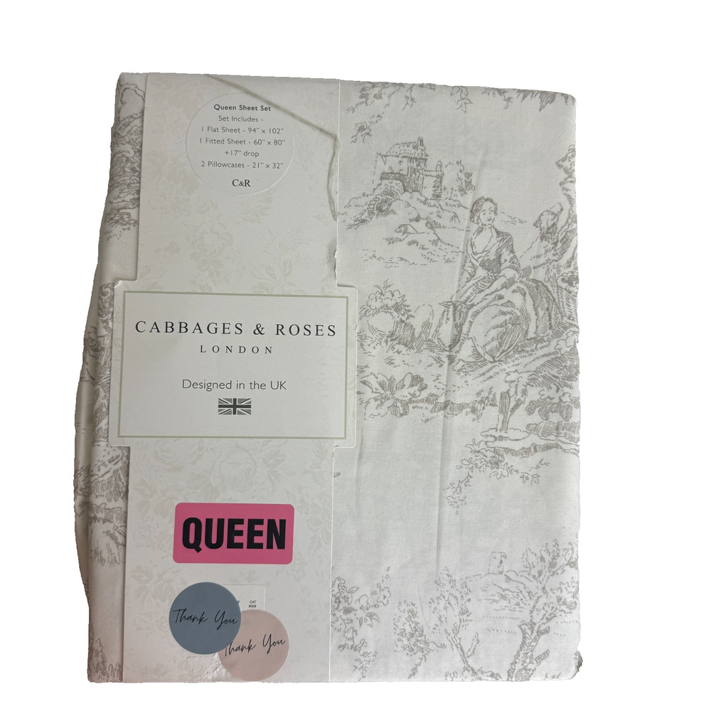 Cabbages & Roses London QUEEN Gray Country Toile Sheet Set Cotton NEW